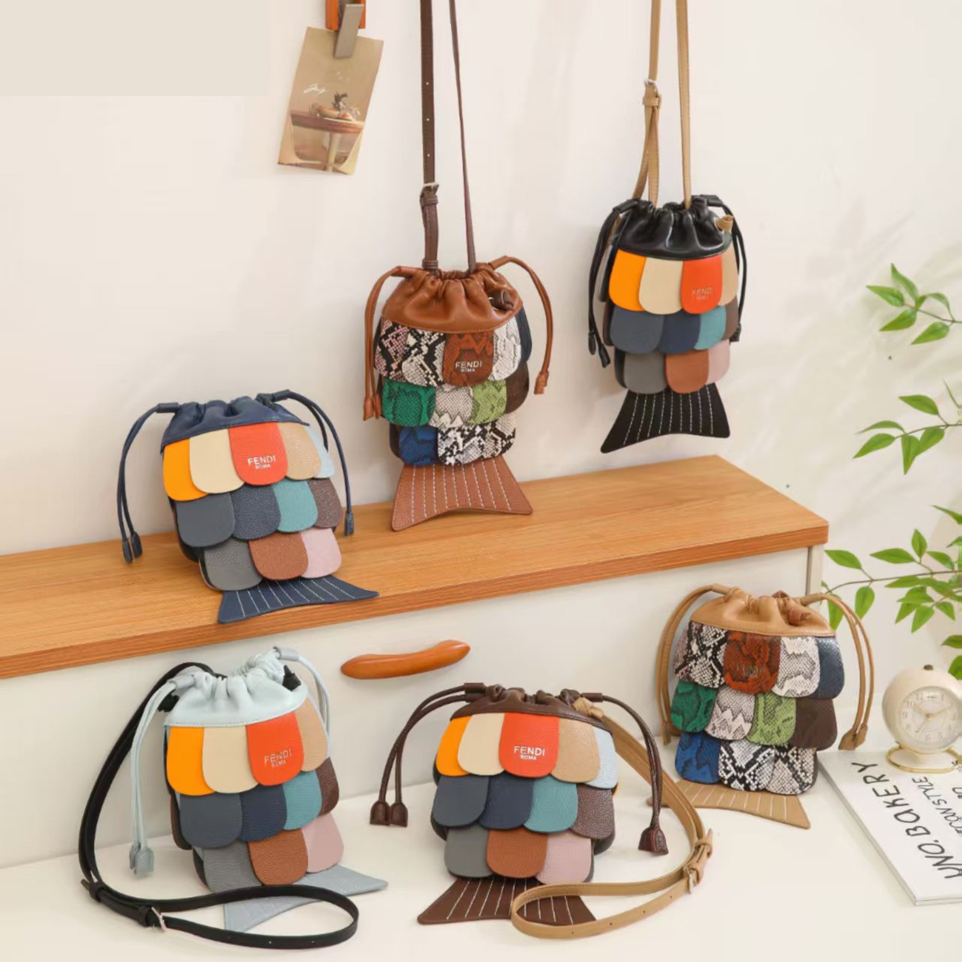 FENDI Women’s Luxury Fish Tail Handbag – Colorful Patchwork Bucket Bag | Premium Designer Fashion in Dubai